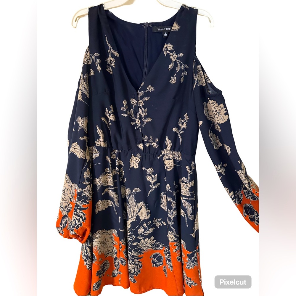 Cold shoulder dress, navy and orange, size small